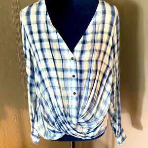 Long sleeve blue tie-dye effect faux tie front lightweight blouse